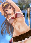  1girl ahoge alternate_costume arms_up bikini blue_sky blush breasts brown_hair cowboy_shot day double_bun front-tie_bikini front-tie_top hairband headgear highres kantai_collection kongou_(kantai_collection) konkito long_hair looking_at_viewer navel outdoors palm_tree parted_lips remodel_(kantai_collection) sky smile solo stomach swimsuit tree 