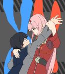  1boy 1girl black_hair blue_eyes couple darling_in_the_franxx green_eyes highres hiro_(darling_in_the_franxx) horns hug long_hair long_sleeves looking_at_another military military_uniform oni_horns pink_hair short_hair triangle_bullet uniform zero_two_(darling_in_the_franxx) 
