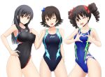  3girls arena_(company) asics ass_visible_through_thighs black_hair black_swimsuit blue_bow blue_swimsuit bow brown_eyes competition_swimsuit contrapposto covered_navel cowboy_shot drill_hair flipped_hair fuuma_nagi hair_bow hair_ornament hair_ribbon heart heart_hands long_hair looking_at_viewer multiple_girls one-piece_swimsuit one_eye_closed open_mouth original red_ribbon ribbon short_hair simple_background smile solo speedo_(company) standing swimsuit twin_drills twintails white_background 