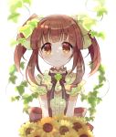  1girl bangs black_ribbon blush bouquet bow brown_eyes brown_hair center_frills clover eyebrows_visible_through_hair floral_print flower green_bow hair_bow hair_flower hair_ornament idolmaster idolmaster_cinderella_girls idolmaster_cinderella_girls_starlight_stage ivy looking_at_viewer miyuara neck_ribbon ogata_chieri plant ribbon sash sidelocks smile solo striped_neckwear sunflower twintails upper_body vines 