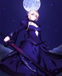  1girl artoria_pendragon_(all) blonde_hair blue_dress blue_flower blue_ribbon breasts choker cleavage collarbone cutout dark_excalibur detached_sleeves dress fate/stay_night fate_(series) flower from_below full_moon hair_ribbon highres holding holding_sword holding_weapon long_dress looking_at_viewer loon_7774 medium_breasts moon night petals ribbon saber_alter short_hair sky sleeveless sleeveless_dress solo standing sword weapon yellow_eyes 