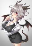  1girl :o antenna_hair artist_name bangs black_vest blurry blush breast_hold breasts cleavage collared_shirt cowboy_shot depth_of_field dragon_girl dragon_horns dragon_tail dragon_wings eyebrows_visible_through_hair fate/grand_order fate_(series) finger_to_mouth genderswap genderswap_(mtf) gradient gradient_background grey_background hair_between_eyes hand_up horns large_breasts open_mouth pencil_skirt shiny shiny_hair shirt sieg_(fate/apocrypha) skirt solo standing tail tyone vest white_shirt wing_collar wings 