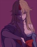  &gt;:) 1girl alternate_costume bare_shoulders blonde_hair blue_kimono bow breasts cleavage collarbone commentary_request head_tilt horn hoshiguma_yuugi japanese_clothes kimono knee_up large_breasts long_hair long_sleeves looking_at_viewer miata_(miata8674) off_shoulder purple_background red_bow red_eyes shadow sidelocks simple_background sitting smile solo touhou upper_body v-shaped_eyebrows wide_sleeves 