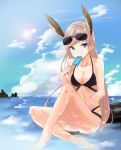  absurdres bikini black_bikini blonde_hair blue_eyes blue_sky breasts cleavage clouds dripping eyewear_on_head food hanna-justina_marseille highres legs_crossed medium_breasts melting mojomaru navel ocean partially_submerged popsicle popsicle_stick sky strike_witches swimsuit world_witches_series 