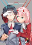  1boy 1girl black_hair couple darling_in_the_franxx gloves green_eyes hand_on_another&#039;s_face highres hiro_(darling_in_the_franxx) horns long_hair military military_uniform necktie oni_horns pink_hair red_neckwear short_hair uniform white_gloves yao14650 zero_two_(darling_in_the_franxx) 