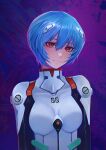  1girl abstract_background absurdres arms_at_sides ayanami_rei blue_hair bob_cut breasts hair_between_eyes highres looking_at_viewer neon_genesis_evangelion plugsuit red_eyes small_breasts smile wen_hao_lai 