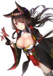  1girl absurdres akagi_(azur_lane) animal_ears azur_lane bangs black_hair blunt_bangs blush breasts brown_hair cleavage collarbone eyebrows_visible_through_hair floating_hair fox_ears fox_tail gloves gui_ss hair_ribbon highres japanese_clothes large_breasts long_hair long_sleeves looking_at_viewer multiple_tails parted_lips partly_fingerless_gloves red_eyes ribbon rigging sidelocks simple_background skindentation smile solo tail tassel thigh-highs tress_ribbon white_background wide_sleeves 