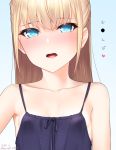  1girl bangs bare_shoulders blonde_hair blue_background blue_camisole blue_eyes blush camisole collarbone eyebrows_visible_through_hair flat_chest gradient gradient_background kanzaki_muyu long_hair looking_at_viewer open_mouth original solo 