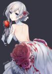  1girl apple arched_back ass asymmetrical_hair backless_outfit bangs bare_shoulders blood blood_stain blue_eyes breasts dress engawa343 flower food fruit gauntlets gloves hair_between_eyes hair_bun hair_flower hair_ornament holding holding_fruit looking_at_viewer medium_breasts open-back_dress red_apple red_flower red_rose rose sidelocks silver_hair sinoalice snow_white_(sinoalice) solo standing white_dress 