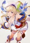  1girl bare_shoulders belt bent_over beret between_breasts blonde_hair blue_eyes boots breasts cleavage cucouroux_(granblue_fantasy) detached_sleeves granblue_fantasy hair_ribbon hat long_hair looking_at_viewer medium_breasts nido_celisius open_mouth ribbon simple_background skirt smile socks solo tank_top thigh_pouch thigh_strap twintails 