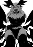  1girl breasts cleavage cowboy_shot demon_girl demon_wings dress fangs gloria-san_no_oishii_junketsu_wo_mamoru_hibi greyscale grin highres horns huge_breasts juugoya_(zyugoya) looking_at_viewer low_wings monochrome open_mouth pointy_ears red_eyes self_hug sharp_teeth simple_background smile solo spot_color teeth thigh-highs tongue tongue_out white_background wings 