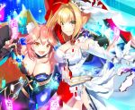 2girls :d aestus_estus ahoge animal_ears bare_shoulders between_fingers blonde_hair blue_kimono blush breasts cleavage closed_mouth commentary_request detached_collar detached_sleeves digital_dissolve fang fate/extra fate_(series) fox_ears fox_girl fox_tail gloves hair_intakes holding holding_sword holding_weapon japanese_clothes kagachi_saku kimono large_breasts leotard long_sleeves multiple_girls navel nero_claudius_(bride)_(fate) nero_claudius_(fate)_(all) ofuda open_mouth pink_hair sidelocks smile strapless sword tail tamamo_(fate)_(all) tamamo_no_mae_(fate) veil weapon white_collar white_gloves white_leotard 