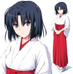  1girl black_hair blue_eyes blush closed_mouth commentary_request eyebrows_visible_through_hair fate/grand_order fate_(series) full_body hakama highres japanese_clothes kimono long_sleeves looking_at_viewer miko nori_tamago own_hands_together red_hakama ryougi_shiki sandals shadow short_hair simple_background socks solo standing upper_body white_background white_footwear white_kimono white_legwear wide_sleeves zoom_layer 