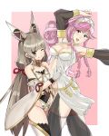  2girls animal_ears bangs bare_shoulders blunt_bangs blush braid breasts cat_ears crossover fire_emblem fire_emblem:_kakusei fire_emblem_heroes gloves hairband highres j@ck jewelry long_hair looking_at_viewer midriff multiple_girls navel niyah olivia_(fire_emblem) open_mouth pink_hair ponytail silver_hair simple_background smile spoilers super_smash_bros. twin_braids xenoblade_(series) xenoblade_2 yellow_eyes 