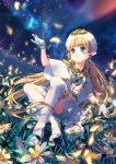  1girl bangs blonde_hair blue_eyes bracelet bug butterfly capelet closed_mouth commentary_request daisy earrings flower gem gloves hand_up hat heart heart_earrings highres insect jewelry legs_crossed lilithbloody long_hair low_twintails no_shoes original pointy_ears sitting sky smile solo star_(sky) starry_sky thigh-highs twintails white_capelet white_gloves white_hat white_legwear 