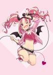  1girl :d belt belt_collar blonde_hair demon_horns demon_tail demon_wings earrings eyebrows_visible_through_hair fang flying full_body hairband hand_up highres holding horns instrument jewelry looking_at_viewer microphone midriff multicolored_hair navel one_eye_closed open_mouth original personification pink_background pink_eyes pink_hair pink_shorts shoes short_eyebrows short_shorts shorts smile spiked_hairband tail twintails westxost_(68monkey) wings 