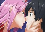  1boy 1girl absurdres black_hair blue_eyes couple darling_in_the_franxx face-to-face green_eyes hairband hands_on_another&#039;s_face highres hiro_(darling_in_the_franxx) horns long_hair looking_at_another oni_horns pink_hair short_hair user_gdnz3825 white_hairband zero_two_(darling_in_the_franxx) 