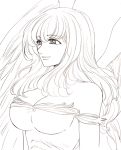  1girl angel_wings bare_shoulders breasts cleavage closed_mouth elbow_gloves eyebrows_visible_through_hair feathered_wings gloves greyscale harumiya large_breasts long_hair looking_to_the_side monochrome nanatsu_no_taizai nerobasta smile wings 