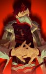  1boy brown_hair coat commentary_request cracking_knuckles fur_trim interlocked_fingers long_sleeves looking_at_viewer male_focus mask open_clothes open_coat original plague_doctor_mask red_background red_eyes scar shadow solo tassel upper_body white_coat yamakawa 