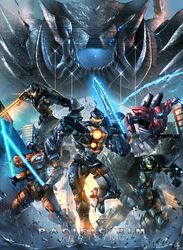  absurdres bracer_phoenix gipsy_avenger glowing glowing_eyes guardian_bravo highres kaijuu mecha mega_kaiju monster no_humans obsidian_fury pacific_rim pacific_rim:_uprising raruru saber_athena science_fiction super_robot sword weapon whip 