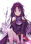  1girl ahoge asymmetrical_clothes breastplate covered_navel detached_sleeves headband long_hair looking_at_viewer pointy_ears purple_feathers purple_hair rody101651 signature sitting smile solo sword sword_art_online very_long_hair weapon yuuki_(sao) 