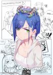  &gt;_&lt; 2girls animal animal_on_head blue_hair breasts chinese cleavage closed_mouth commentary crab cropped_torso darling_in_the_franxx dated english_commentary eyes_visible_through_hair frown gorgeous_mushroom green_eyes grey_jacket hair_ornament hairclip heart heart_in_mouth hiro_(darling_in_the_franxx) hood hooded_jacket ichigo_(darling_in_the_franxx) jacket laughing looking_at_viewer multiple_girls on_head shirt short_hair signature solo_focus translation_request wet wet_clothes white_shirt zero_two_(darling_in_the_franxx) 