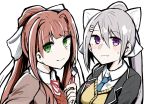  2girls brown_hair crossover doki_doki_literature_club eyebrows_visible_through_hair eyes_visible_through_hair green_eyes hair_between_eyes hair_ornament hair_ribbon hairclip hairstyle_connection highres higuchi_kaede logo long_hair looking_at_viewer mole mole_under_eye monika_(doki_doki_literature_club) multiple_girls necktie nijisanji pen ponytail ribbon sakeno_rarukan school_uniform silver_hair smile upper_body violet_eyes virtual_youtuber white_ribbon 