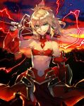  1girl armor clarent detached_collar detached_sleeves eyebrows_visible_through_hair fate/grand_order fate_(series) green_eyes looking_at_viewer mordred_(fate) mordred_(fate)_(all) navel over_shoulder redrop smug solo standing stomach strapless tubetop weapon weapon_over_shoulder 