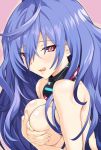  1girl blue_hair breasts covering covering_breasts detached_collar iris_heart iwasi-r kami_jigen_game_neptune_v large_breasts licking_lips long_hair looking_at_viewer neptune_(series) red_eyes smile solo symbol-shaped_pupils tongue tongue_out very_long_hair 