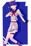  1other alternate_costume androgynous belt blue_eyes blue_hair fingerless_gloves gloves hat highres houseki_no_kuni looking_at_viewer navel one_eye_closed phosphophyllite phosphophyllite_(ll) sailor_collar sailor_hat scar short_hair shorts smile solo sparkle spoilers tongue tongue_out 