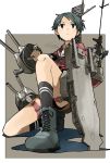  1girl bangs black_eyes black_hair black_legwear black_neckwear blue_footwear boots brown_shorts closed_mouth cross-laced_footwear frown full_body holding io_naomichi kantai_collection lace-up_boots machinery mogami_(kantai_collection) neckerchief one_knee red_sailor_collar red_shirt sailor_collar school_uniform serafuku shirt short_hair shorts socks solo thigh_strap turret v-shaped_eyebrows very_short_hair 