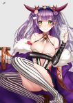  1girl asymmetrical_legwear bell bell_choker blush bottle breasts character_request choker detached_sleeves eyebrows_visible_through_hair fate_(series) green_eyes highres jewelry large_breasts long_hair looking_at_viewer milk_bottle purple_hair ring sitting smile solo striped striped_legwear thigh-highs vertical-striped_legwear vertical_stripes very_long_hair 