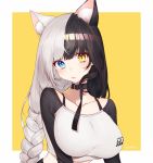  1girl animal_ears bangs blue_eyes blue_hair blush border breasts cat_ears choker chungu closed_mouth commentary_request hair_between_eyes highres large_breasts long_hair looking_at_viewer multicolored_hair original signature silver_hair simple_background solo two-tone_hair upper_body yellow_eyes 