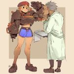  1boy 1girl andrea_cofrancesco armor blonde_hair boyshorts brown_background clipboard closed_mouth gauntlets glasses grey_hair hand_up hat holding labcoat long_sleeves old_man original pants red-framed_eyewear red_hat salute scientist shoes signature standing 