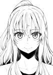  1girl akino_sora closed_mouth copyright_request eyebrows_visible_through_hair eyes greyscale hair_between_eyes hair_ornament hair_scrunchie long_hair looking_at_viewer monochrome ponytail portrait scrunchie simple_background solo white_background 