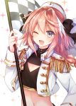  1boy alternate_costume astolfo_(fate) bangs black_bow bow braid checkered checkered_flag cleavage_cutout commentary crop_top epaulettes eyebrows_visible_through_hair fang fate/apocrypha fate_(series) flag gomano_rio hair_bow hair_intakes hand_on_hip hat highres holding jacket long_hair midriff multicolored_hair navel one_eye_closed open_mouth otoko_no_ko pink_hair racequeen single_braid smile solo sparkle streaked_hair violet_eyes white_background 