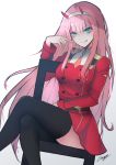  1girl :q absurdres black_legwear blue_eyes darling_in_the_franxx dress eyebrows_visible_through_hair floating_hair hair_between_eyes hairband highres index_finger_raised legs_crossed long_hair looking_at_viewer military military_uniform necktie orange_neckwear pink_hair red_dress short_dress signature simple_background sitting solo thigh-highs tongue tongue_out uniform very_long_hair white_background white_hairband zero_two_(darling_in_the_franxx) zettai_ryouiki 