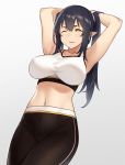  1girl armpits arms_behind_head arms_up bangs black_hair blush breasts clenched_teeth collarbone commentary_request elf_(houtengeki) gradient gradient_background houtengeki large_breasts long_hair midriff navel one_eye_closed original pants parted_lips pointy_ears simple_background sleeveless solo sports_bra teeth twintails wristband yellow_eyes yoga_pants 