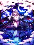  1girl breasts cherry_blossoms cleavage crescent_moon eyebrows_visible_through_hair gloves hair_between_eyes highres jeanne_d&#039;arc_(granblue_fantasy) kneeling_on_water large_breasts leaning_forward long_hair moon red_eyes reflection sayvi shadowverse silver_hair solo very_long_hair water wings 