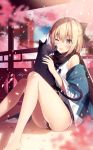  1girl animal artist_name bangs bare_legs barefoot black_bow black_cat black_panties black_scarf blonde_hair blurry blush bow cat commentary_request day depth_of_field eyebrows_visible_through_hair fate/grand_order fate_(series) grey_eyes hair_bow highres japanese_clothes kimono knees_up necomi off_shoulder okita_souji_(fate) one_eye_closed open_mouth panties petals scarf sitting smile solo tareme underwear white_kimono wide_sleeves wooden_floor 