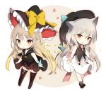  2girls :d animal_ears black_dress black_hat black_legwear black_sailor_collar blonde_hair blush bow brown_eyes chibi closed_mouth dress ear_down hat hat_bow looking_at_viewer lpip multiple_girls open_mouth original sailor_collar silver_hair smile standing thigh-highs white_dress witch_hat yellow_bow 