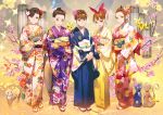  5girls :d bangs_pinned_back blue_kimono bow branch brown_eyes brown_hair cat cherry_blossoms commentary_request el-zheng fan floral_print flower folding_fan get hair_bow hair_bun hair_flower hair_ornament highres holding holding_fan japanese_clothes kimono long_sleeves looking_at_viewer multiple_girls obi open_mouth original own_hands_together pink_bow pink_kimono purple_kimono sandals sash smile standing v_arms white_legwear wide_sleeves yellow_kimono 