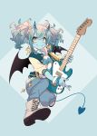  1girl blonde_hair blue_eyes blue_hair blue_pants blush bomber_jacket boots closed_mouth demon_horns demon_tail demon_wings earrings flying full_body guitar highres holding holding_instrument horns instrument jacket jewelry looking_at_viewer multicolored_hair music original pants personification playing_instrument smile tail twintails two-tone_hair westxost_(68monkey) wings yellow_eyes 