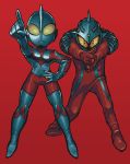  2boys bodysuit finger_gun gashi-gashi hand_on_hip highres hunched_over looking_at_viewer male_focus mask multiple_boys pointing pointing_up red_background simple_background skin_tight smile tagme ultra_series ultra_seven ultra_seven_(series) ultraman ultraman_(1st_series) 