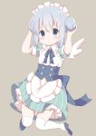  1girl :&lt; absurdres apron bangs blue_bow blue_footwear blush bow brooch commentary_request detached_collar double_bun dress eyebrows_visible_through_hair frilled_apron frills gochuumon_wa_usagi_desu_ka? green_dress hair_between_eyes hair_ornament hamada_pengin high_heels highres jewelry kafuu_chino maid maid_apron maid_headdress parted_lips puffy_short_sleeves puffy_sleeves short_sleeves side_bun sidelocks single_wing solo striped thigh-highs triangle_mouth vertical-striped_dress vertical_stripes white_apron white_collar white_legwear white_wings wings x_hair_ornament 