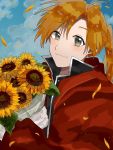  1boy alphonse_elric black_shirt bouquet brown_hair coat eyebrows_visible_through_hair flower fullmetal_alchemist gloves grey_eyes happy highres leaf long_hair looking_at_viewer male_focus petals ponytail red_coat shirt sky smile sunflower 