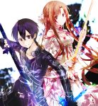  1boy 1girl asuna_(sao) belt black_eyes black_gloves black_pants black_shirt breastplate brown_eyes brown_hair detached_sleeves dual_wielding fingerless_gloves floating_hair gloves hair_between_eyes highres holding holding_sword holding_weapon kirito long_hair looking_at_viewer miniskirt pants purple_hair sau_(bluepoper) shirt skirt sword sword_art_online thigh-highs very_long_hair weapon white_background white_legwear white_skirt zettai_ryouiki 