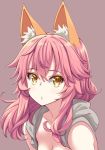  1girl akino_sora animal_ears bare_shoulders blush breasts cleavage closed_mouth commentary eyebrows_visible_through_hair fate/extra fate_(series) fox_ears highres long_hair looking_at_viewer no_nose pink_hair purple_background simple_background solo tamamo_(fate)_(all) tamamo_no_mae_(fate) upper_body yellow_eyes 