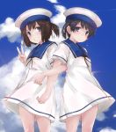  2girls back-to-back black_hair blue_eyes blue_sailor_collar blue_sky brown_eyes clouds cloudy_sky commentary_request daitou_(kantai_collection) dress feet_out_of_frame grin hat hiburi_(kantai_collection) kantai_collection looking_at_viewer multiple_girls sailor_collar sailor_dress sailor_hat short_hair short_sleeves sky smile standing v white_hat yumesato_makura 