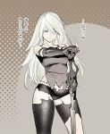  android armlet black_gloves black_shorts blue_eyes elbow_gloves gloves highres holding holding_sword holding_weapon mole mole_under_mouth nier_(series) nier_automata pink_lips robot_joints shinya_komi short_shorts shorts silver_hair sword tank_top translation_request weapon yorha_type_a_no._2 